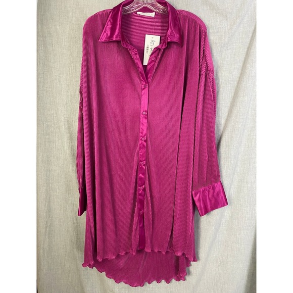 12th Tribe Dresses & Skirts - 12th‎ Tribe Pleated Satin Button Down Tunic Shirt Dress Magenta Pink L NWT